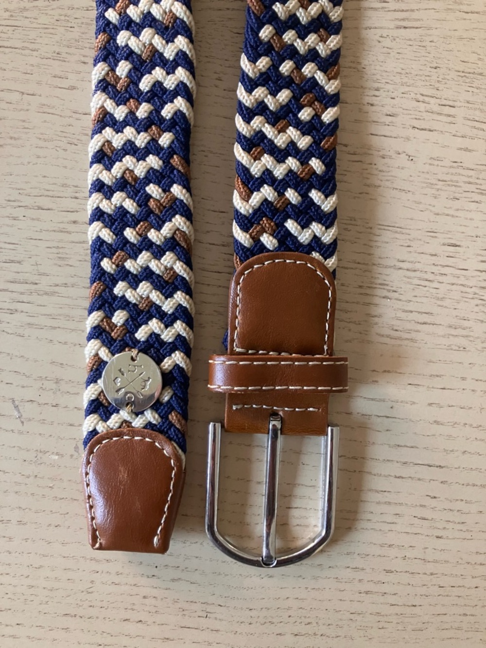 Braided Navy, White & Brown Golf Belt with Leather Trim - Unisex